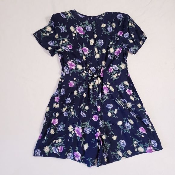 VINTAGE Basic Editions Med Navy Blue W/ Purple Flowers Button front Romper - Picture 15 of 16
